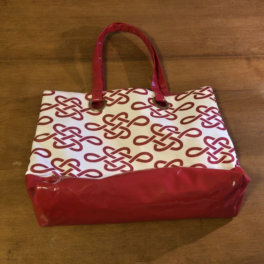 Estee Lauder Tote Bag, Red & White Faux Patent Leather & Canvas, 11.5 X 15